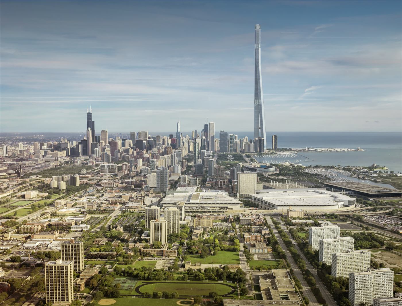 The Chicago Gateway — mile-high twin tower seen across the waterfront