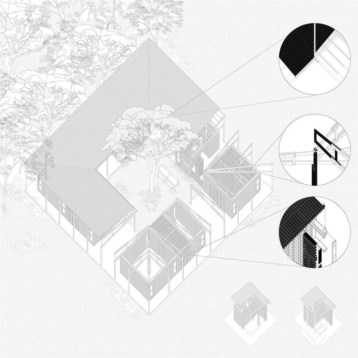 Uwanja House — axonometric of brick walls, trusses, and metal roof