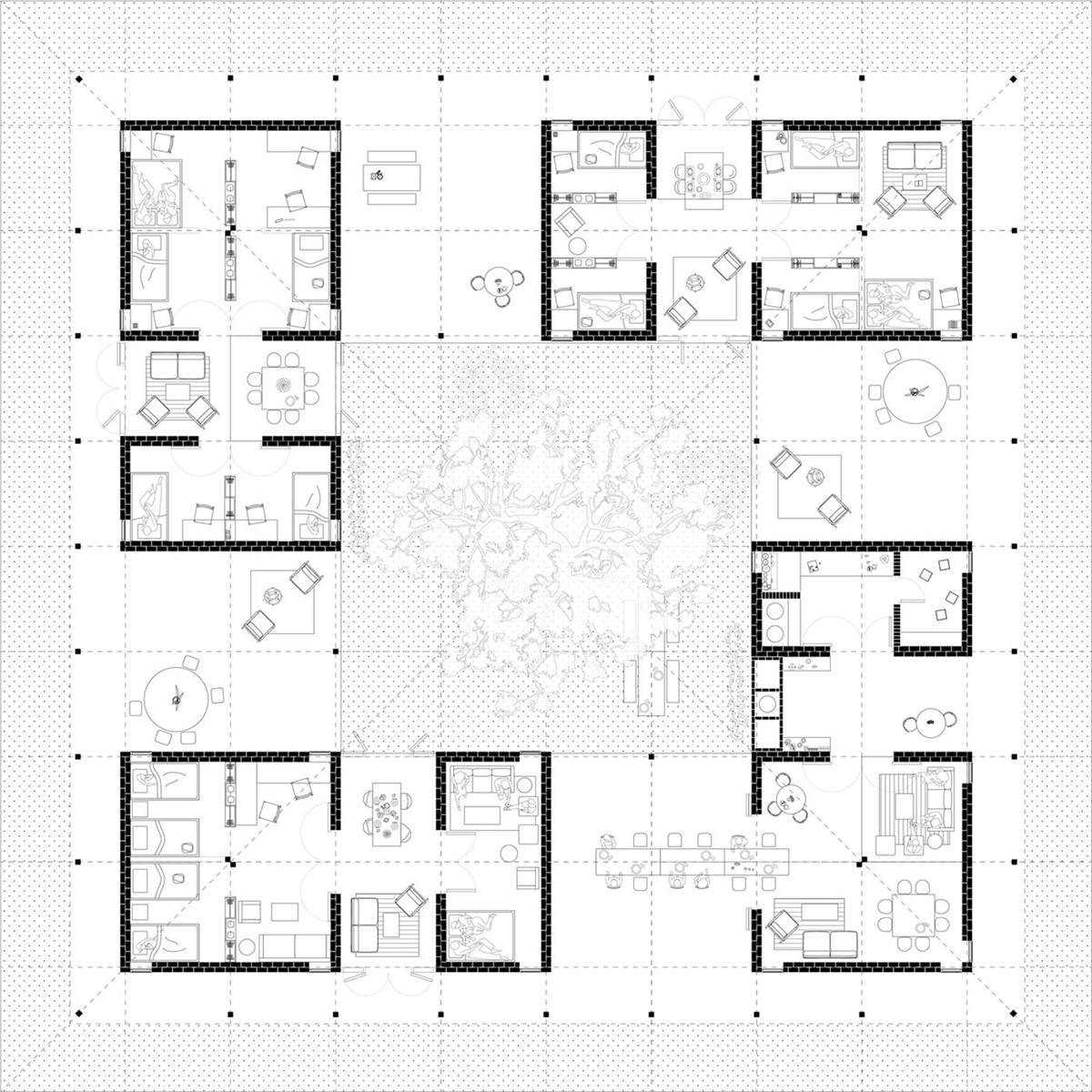 Uwanja House — modular room plans around the central courtyard