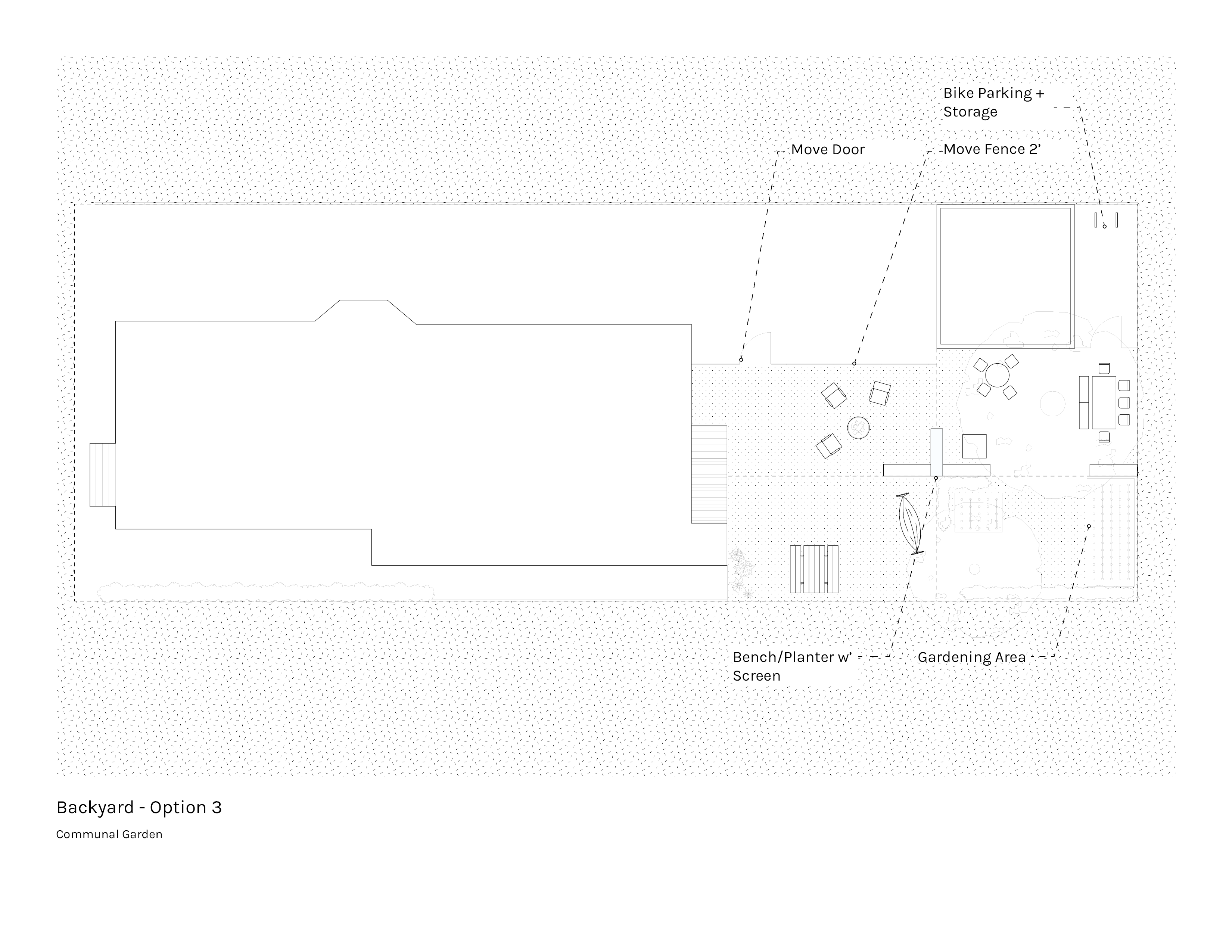 Backyard No. 1 — plan option 4 with lounging and bike storage zones