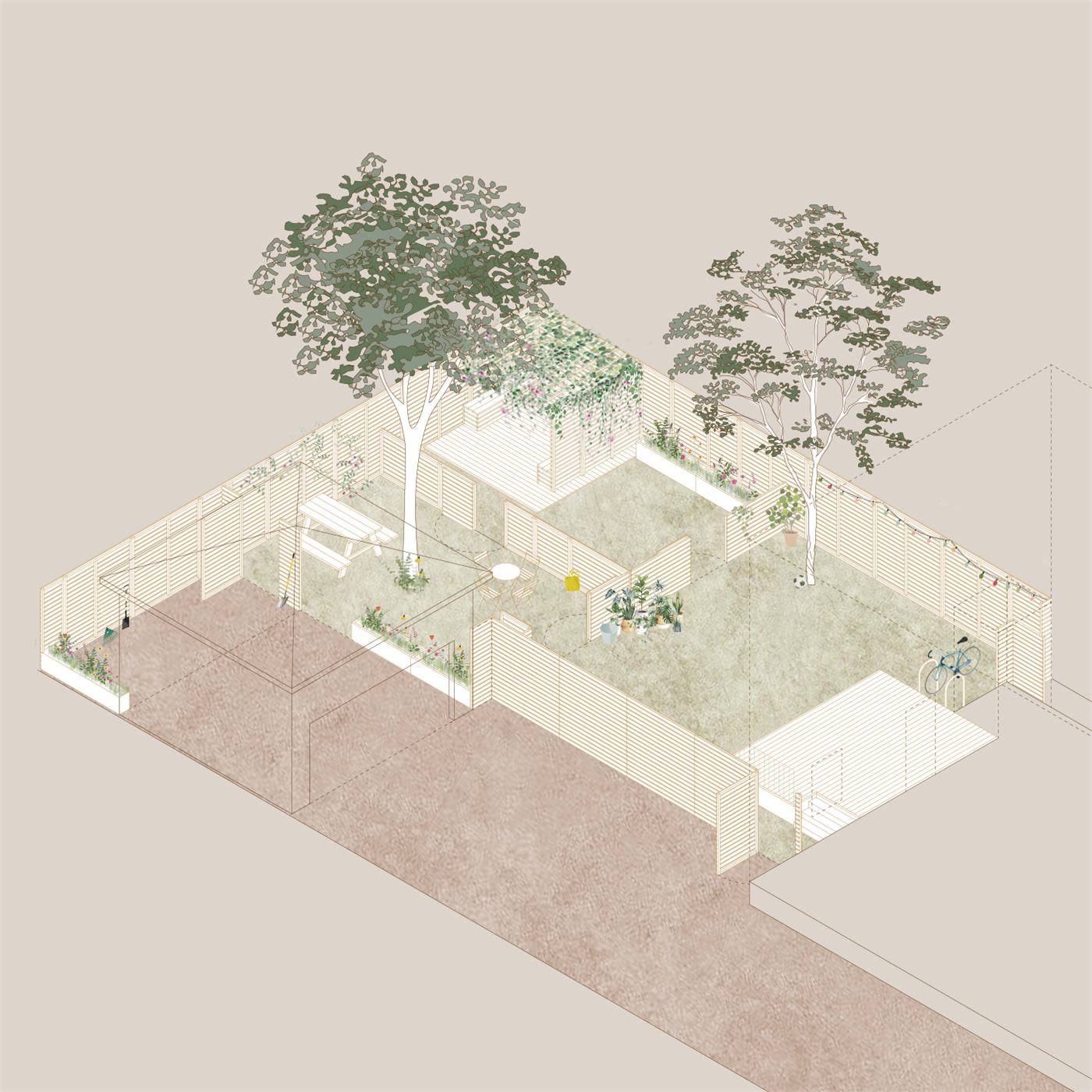 Backyard No. 1 — axonometric of the backyard zoned into outdoor rooms