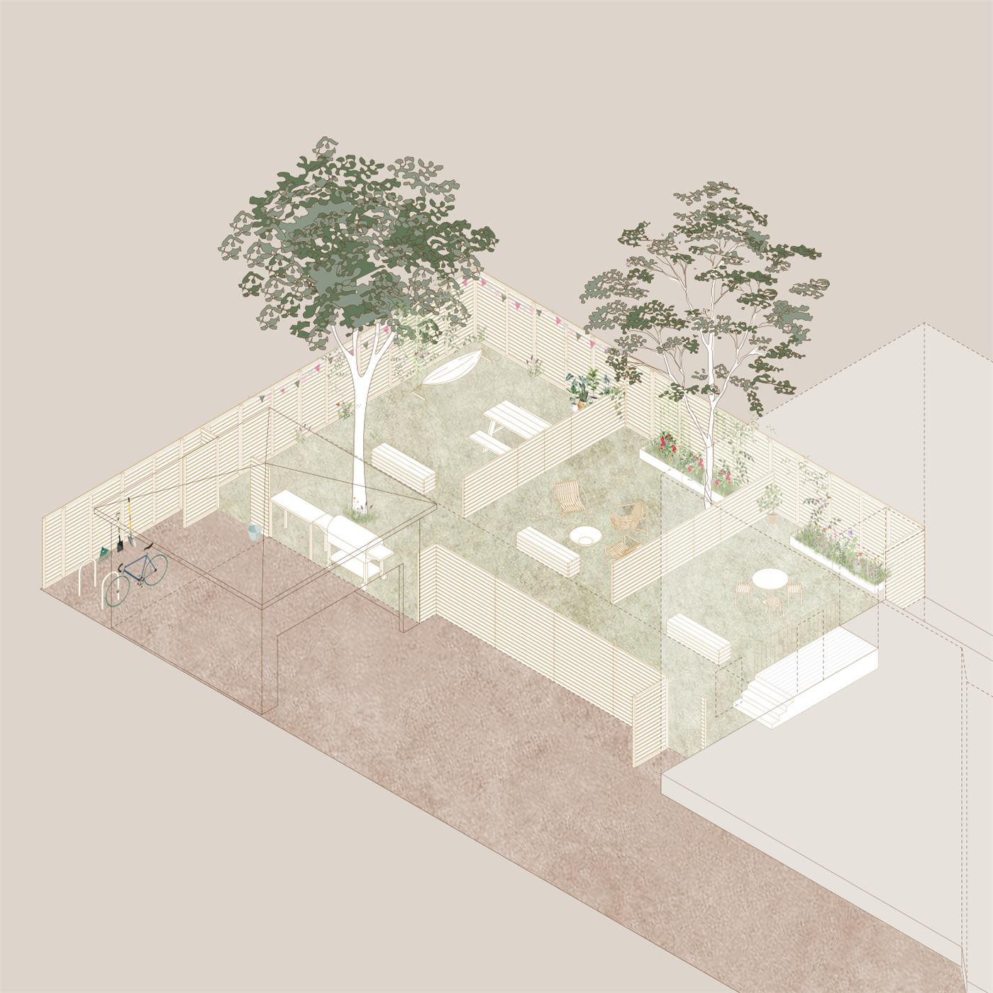 Backyard No. 1 — final axonometric with planting and gathering areas