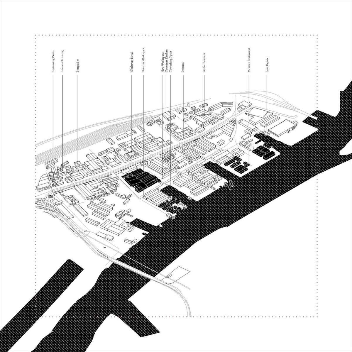 The Informal City — context axonometric of the Ringon industrial waterfront