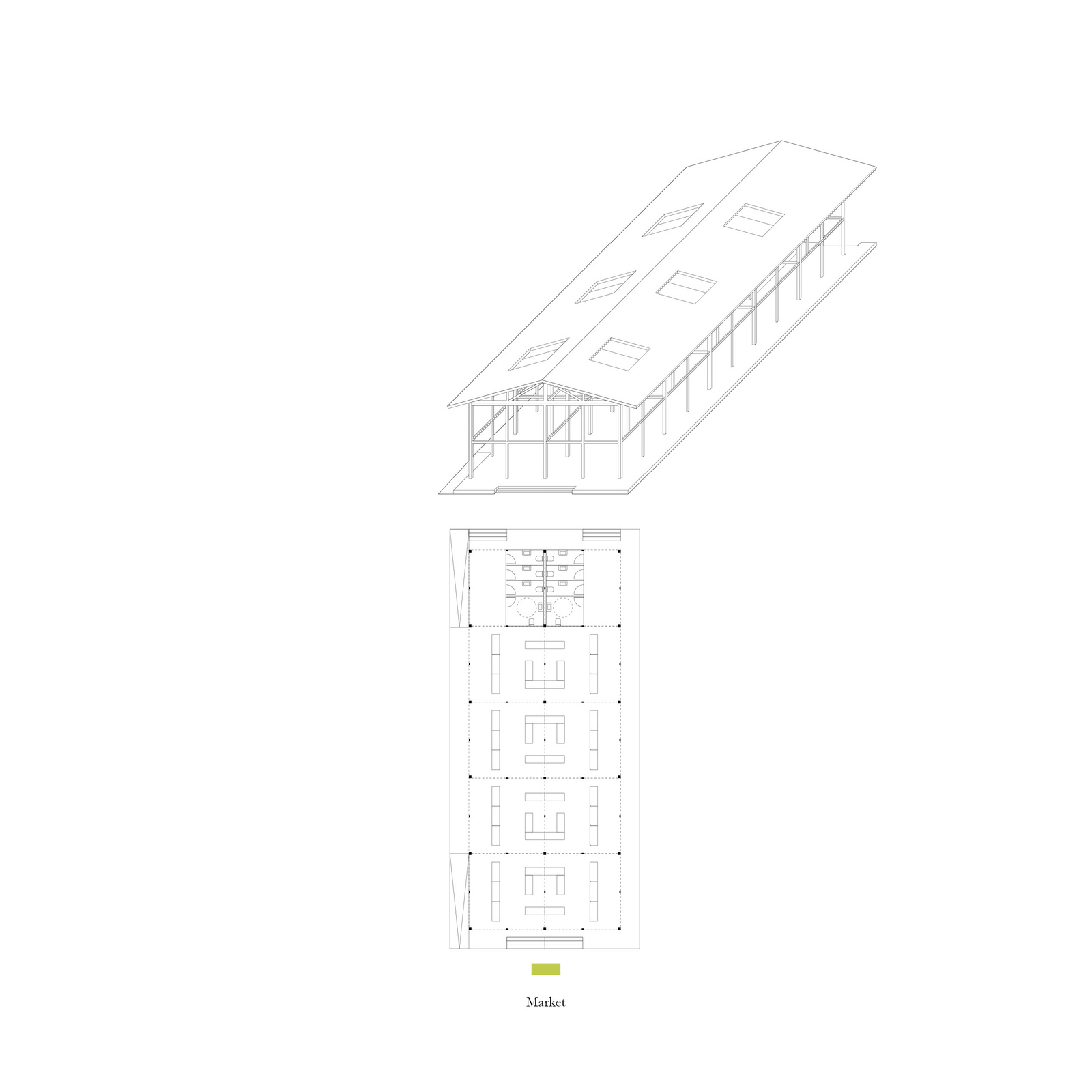 Labor of Love — market hall axon and plan from the kit of parts