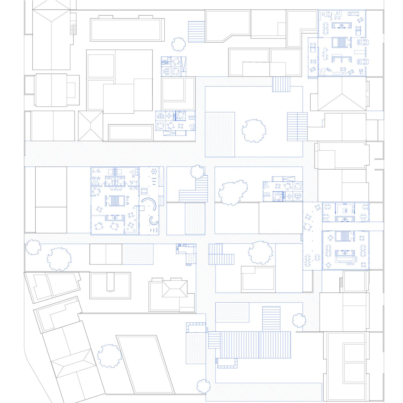 Labor of Love — Site A plan with renovated ground floors and backyard sheds