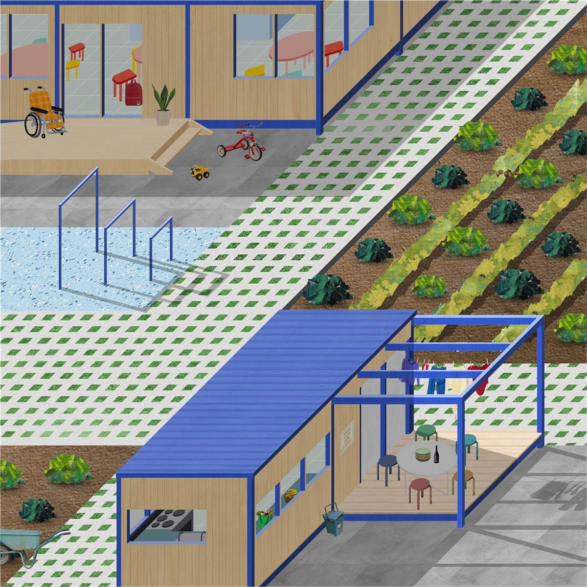 Labor of Love — render of backyard care pavilions in use