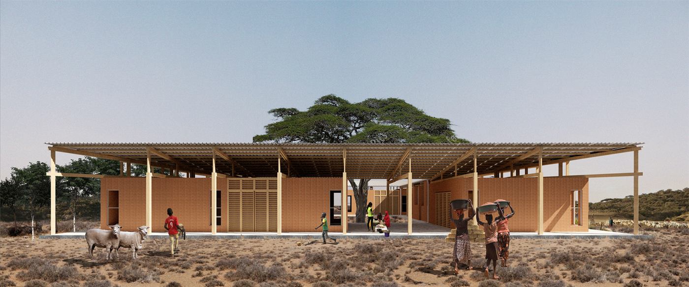 Uwanja House — elevation of the brick dwelling under a single metal roof