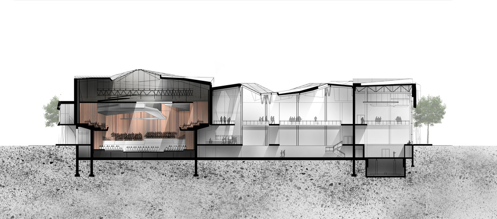 MERIT Music Conservatory — cross section through the vineyard-shaped hall