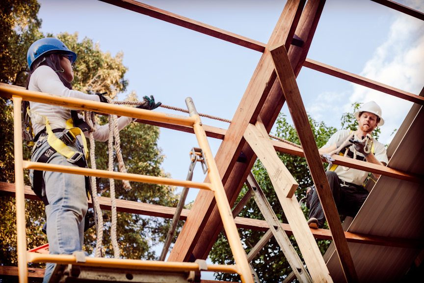 Stair Pavilion — design-build team constructing the roof structure