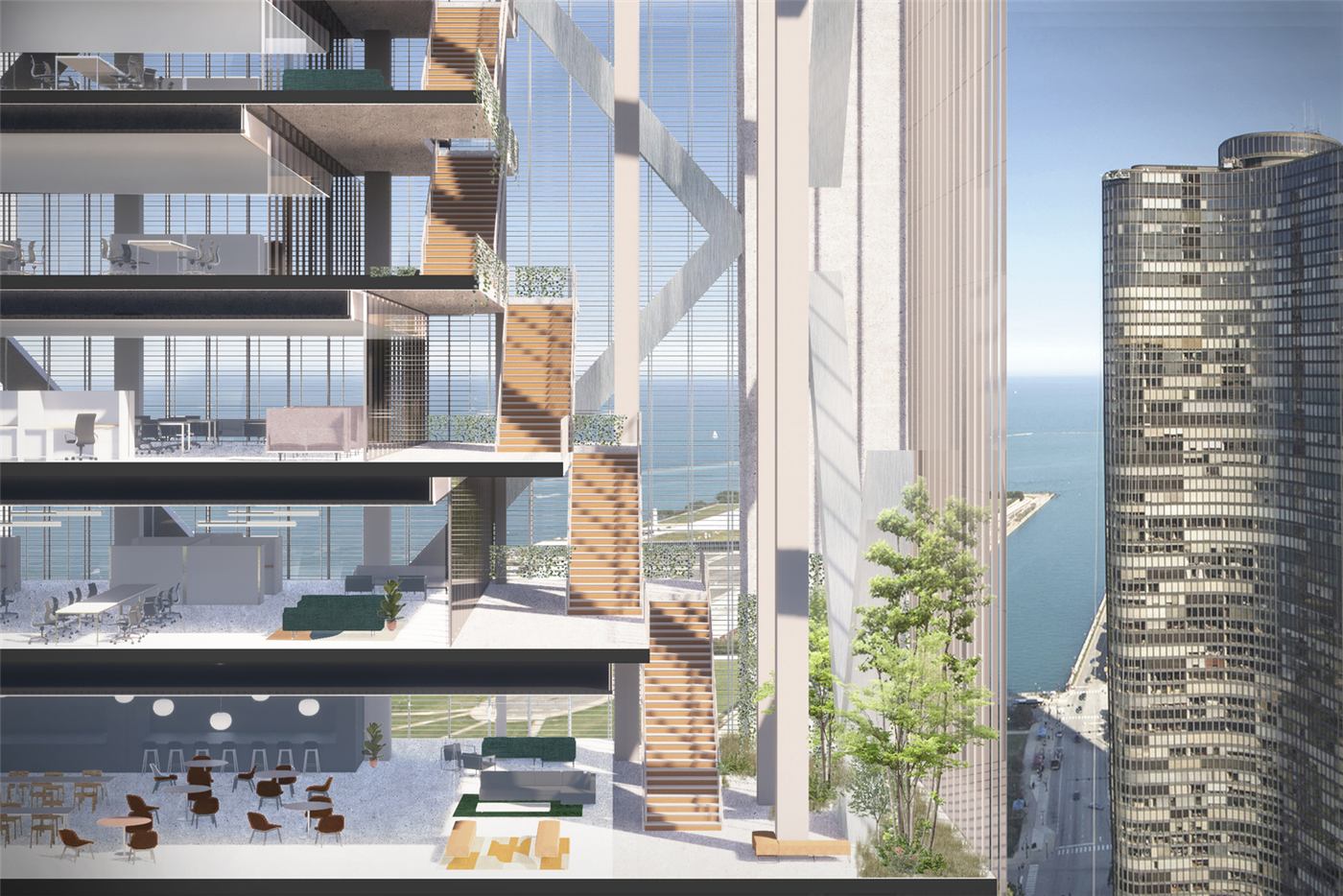 The Chicago Gateway — section through the office and hotel sky lobby