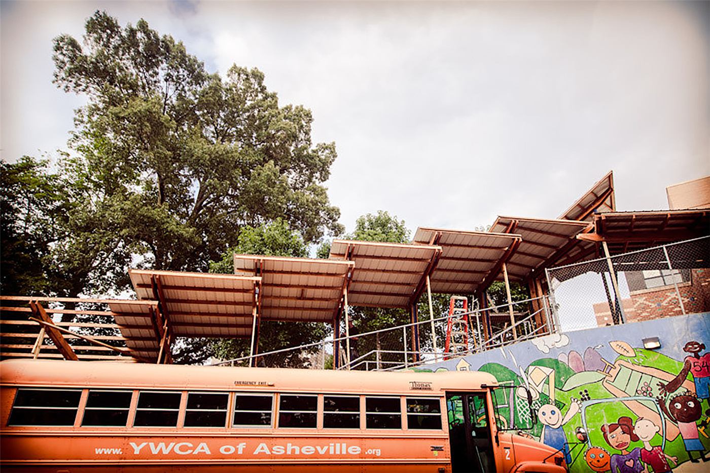 Stair Pavilion — cantilevered walkway canopy under construction