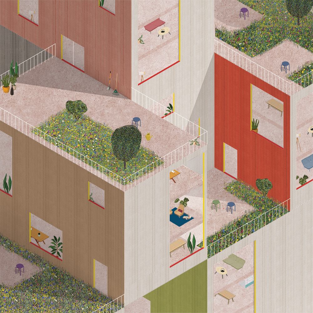 RE: Hudson Yards — axonometric of stacked townhouse modules with balcony gardens