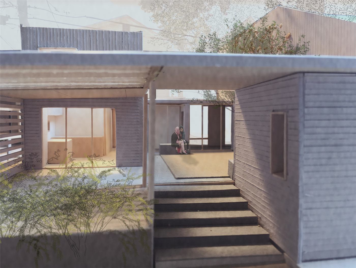 Courtyard House — rear view of the two-family home and shared courtyard