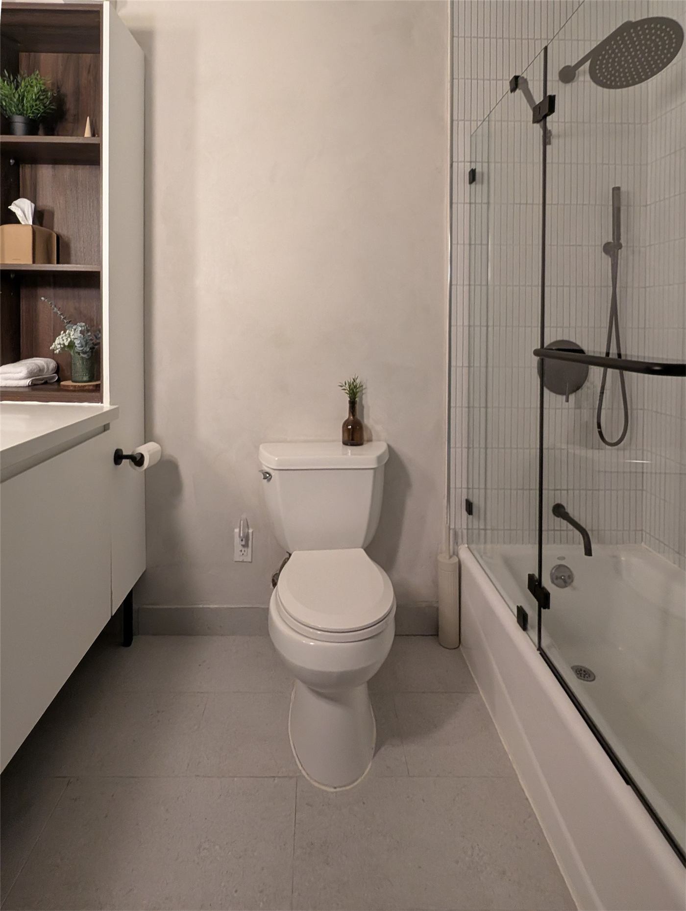Bathroom No. 1 — vanity wall with new counter and storage along its full length