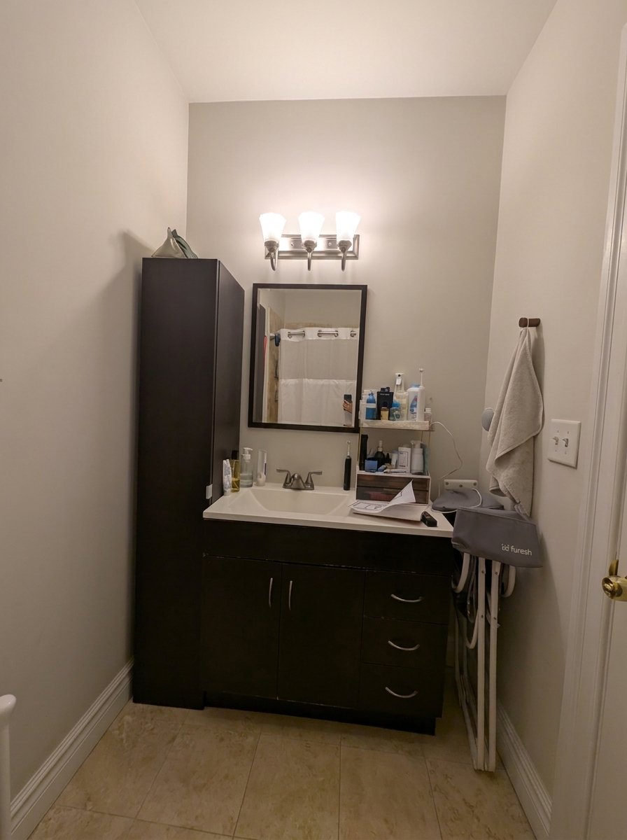 Bathroom No. 3 — existing vanity, dark cabinet and mirror wall before renovation