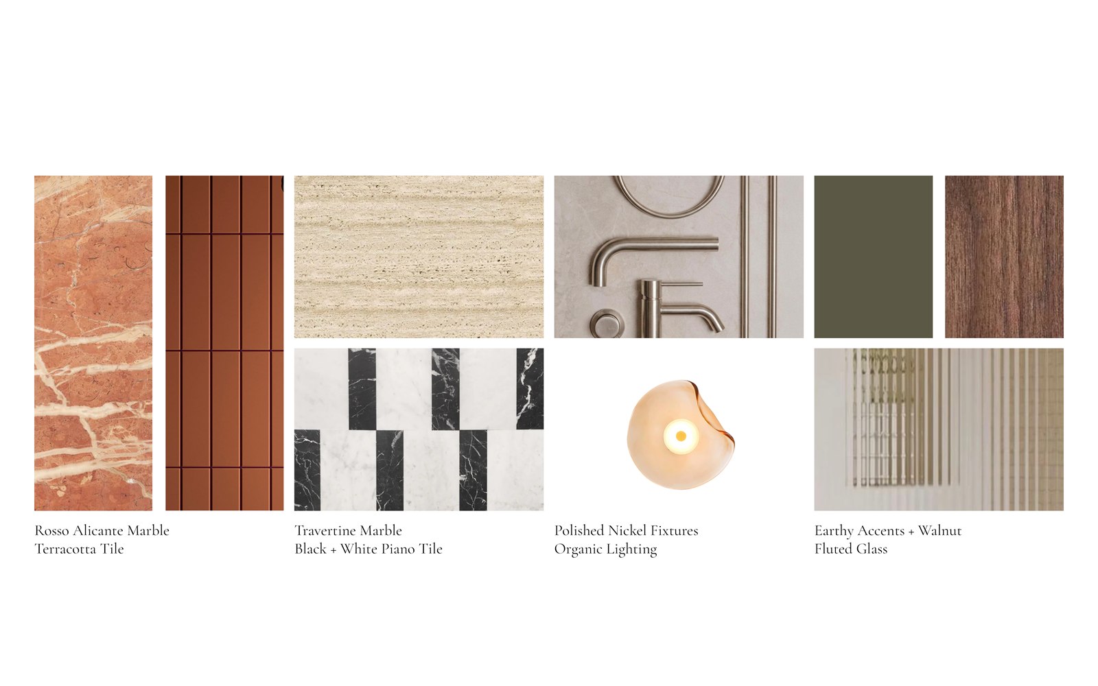 Bathroom No. 3 — material palette: Rosso Alicante marble, terracotta tile, travertine, piano tile, nickel fixtures, walnut and fluted glass