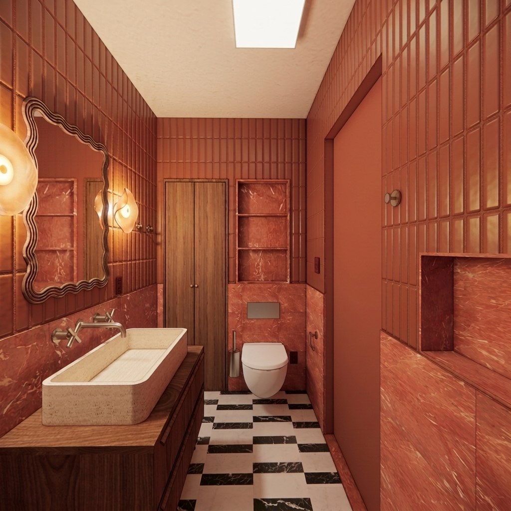 Bathroom No. 3 — walnut millwork wall with vessel sink, wall-mounted toilet and recessed niches