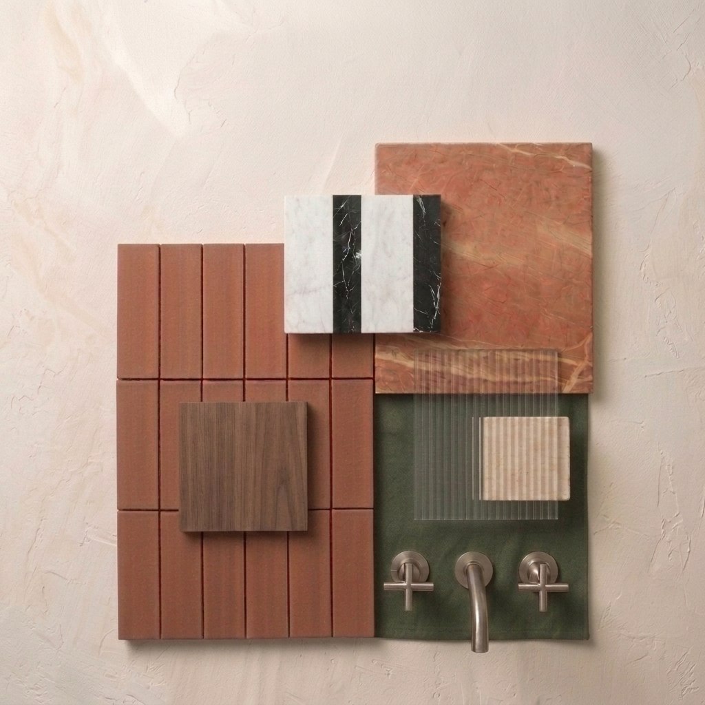 Bathroom No. 3 — top-down material moodboard of terracotta tile, Rosso Alicante marble, piano tile, walnut, fluted glass and brushed-nickel fixtures