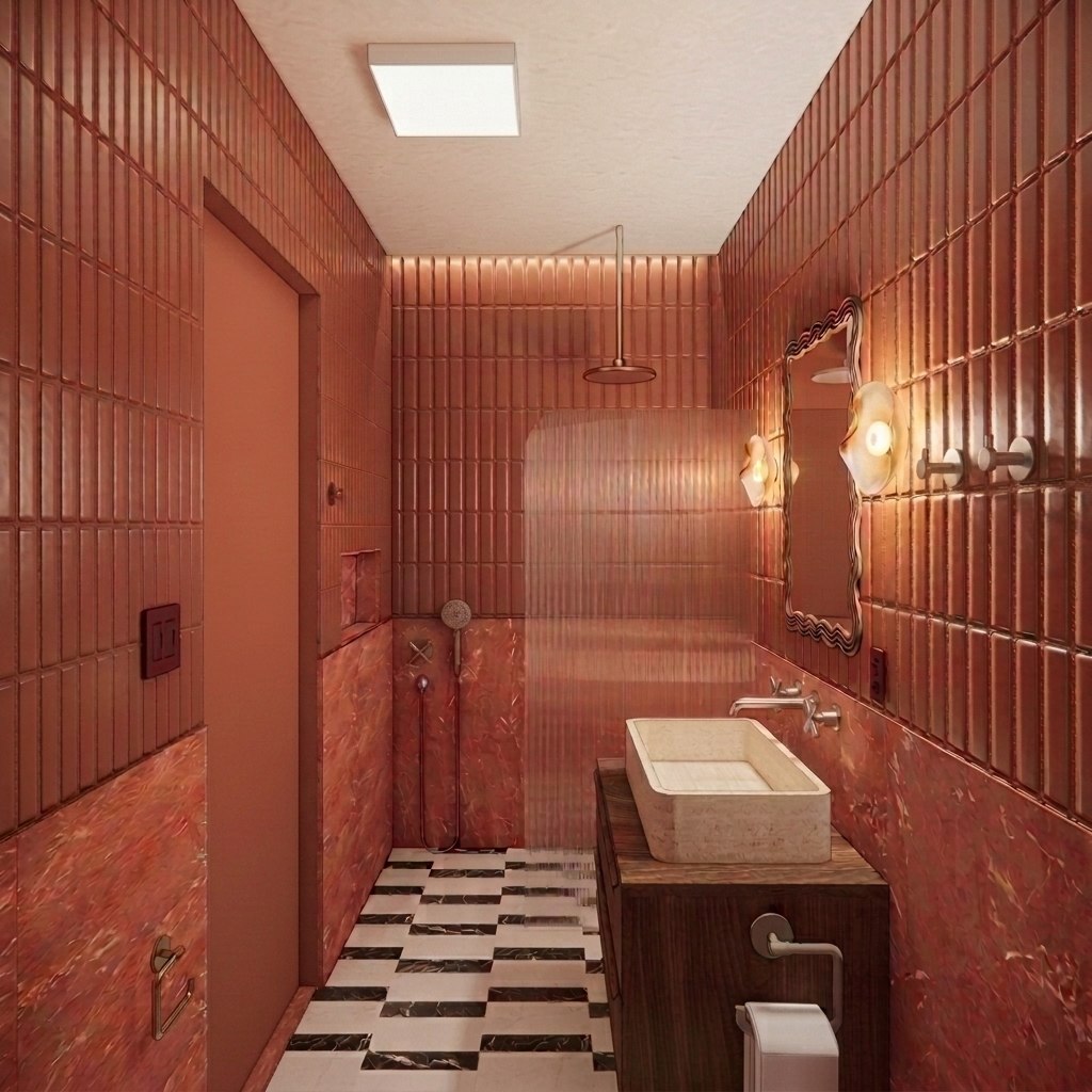 Bathroom No. 3 — curbless shower with a rain showerhead behind fluted glass, where the tub used to be