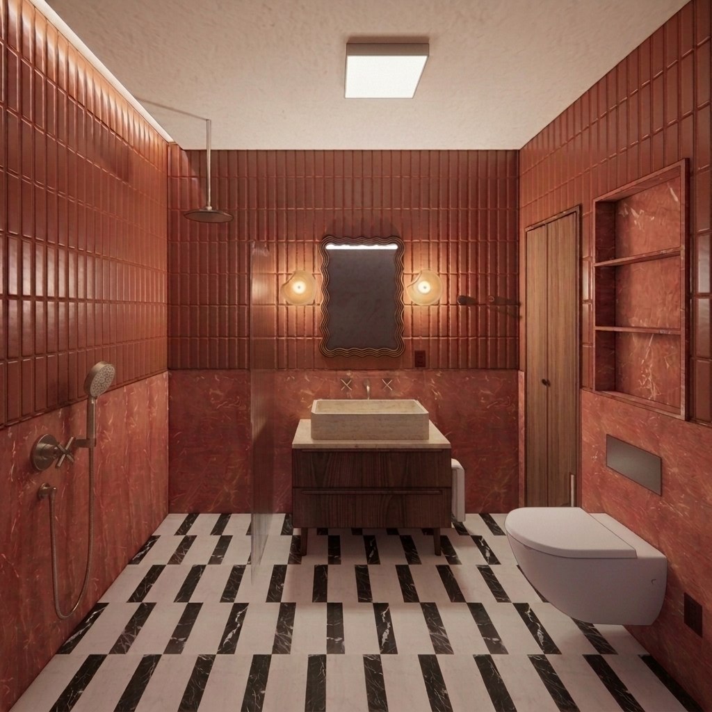 Bathroom No. 3 — terracotta-tiled bathroom with wavy mirror, blown-glass sconces, walnut vanity and striped marble floor