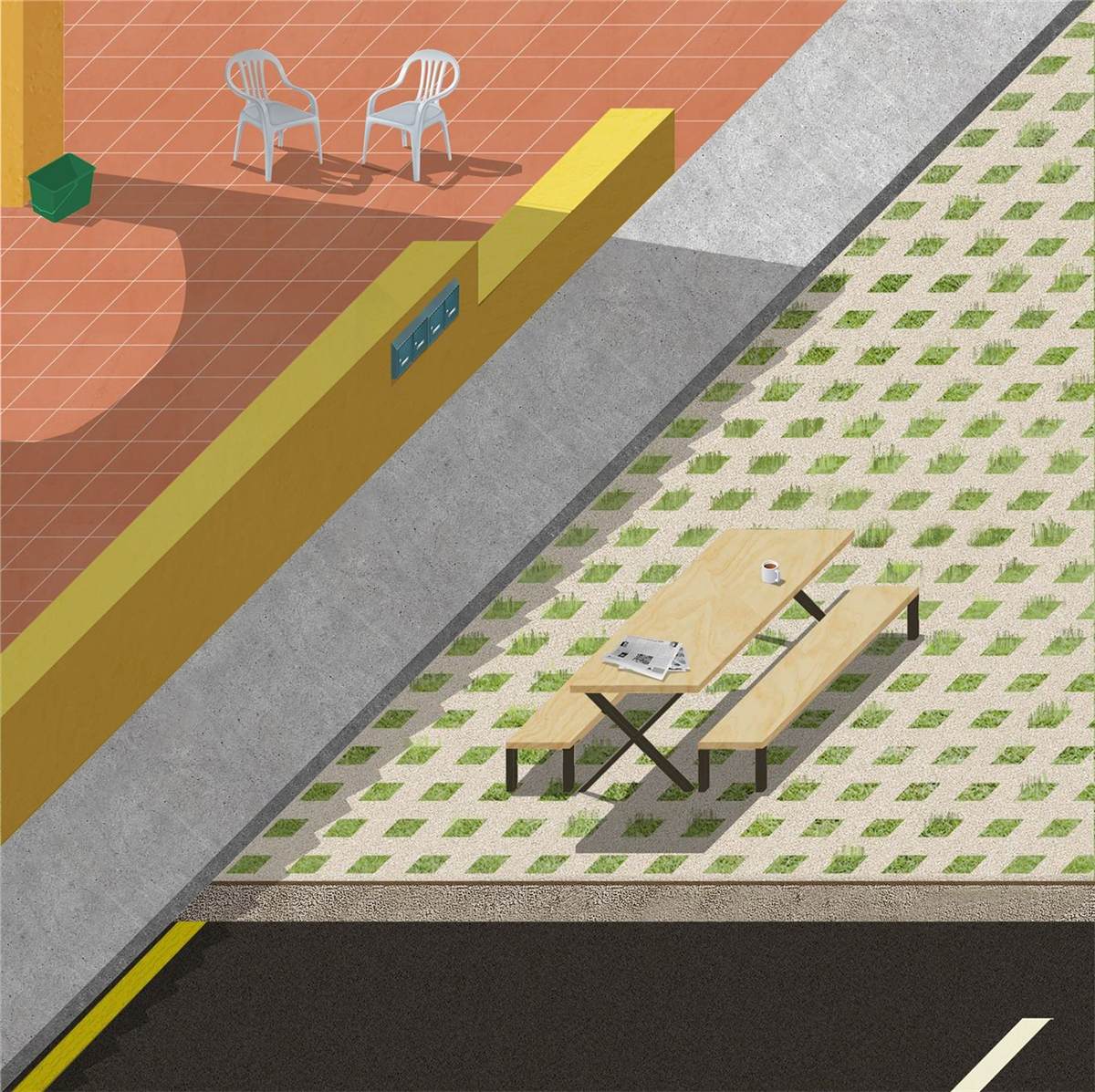Labor of Love — render of a de-paved boulevard with shared gardens