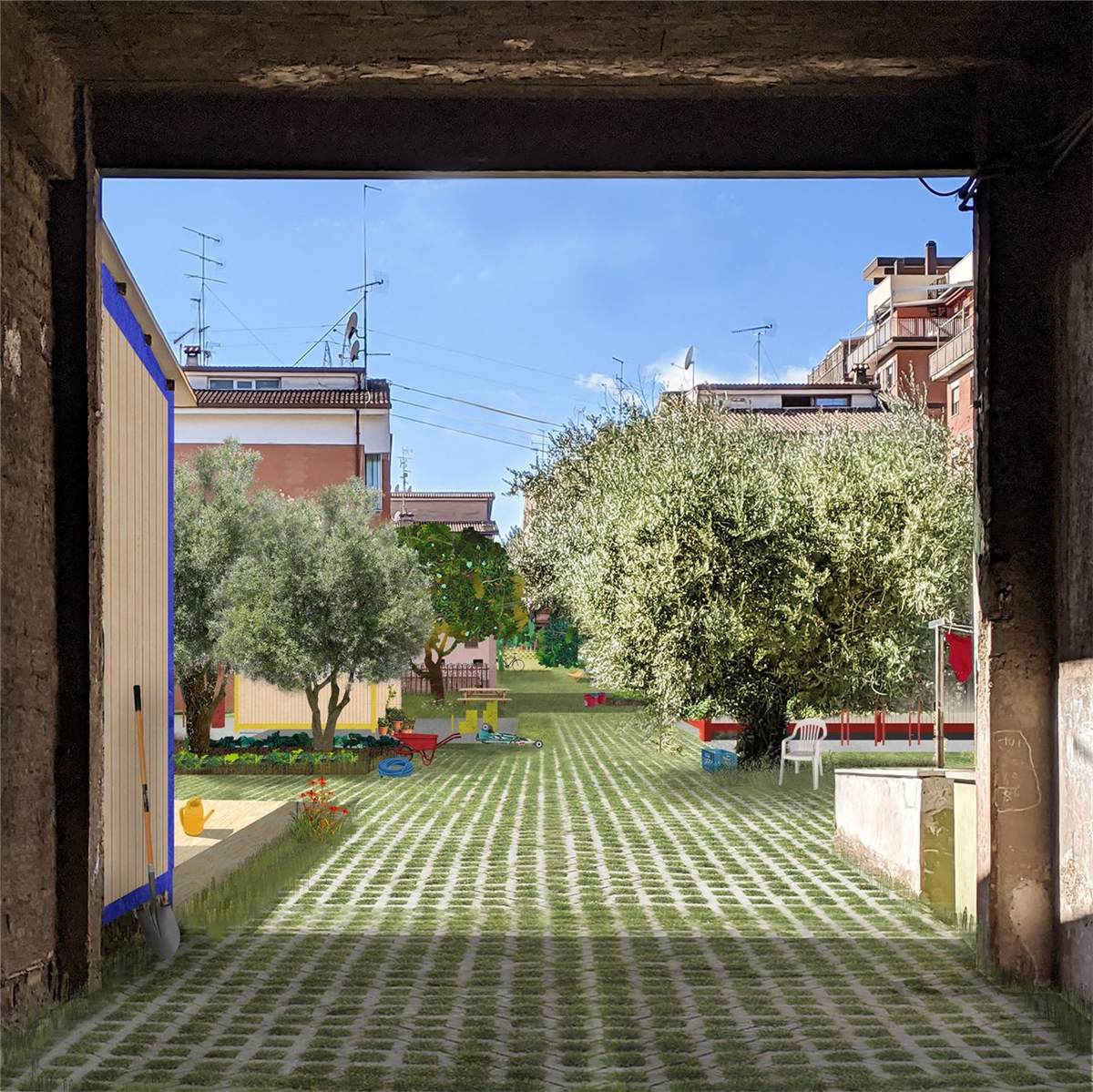 Labor of Love — render of a shared driveway turned common space