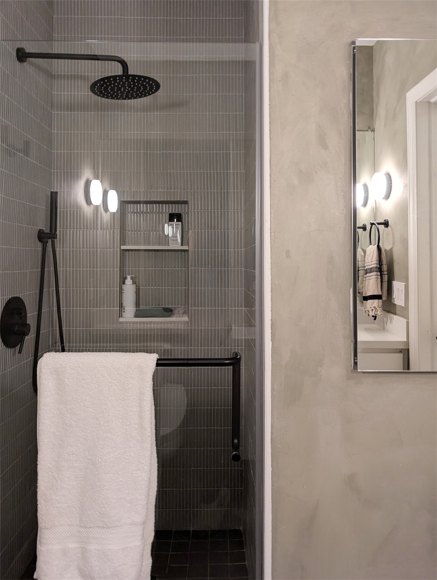 Bathroom No. 2 — sage green limewash bathroom with kitkat tile shower