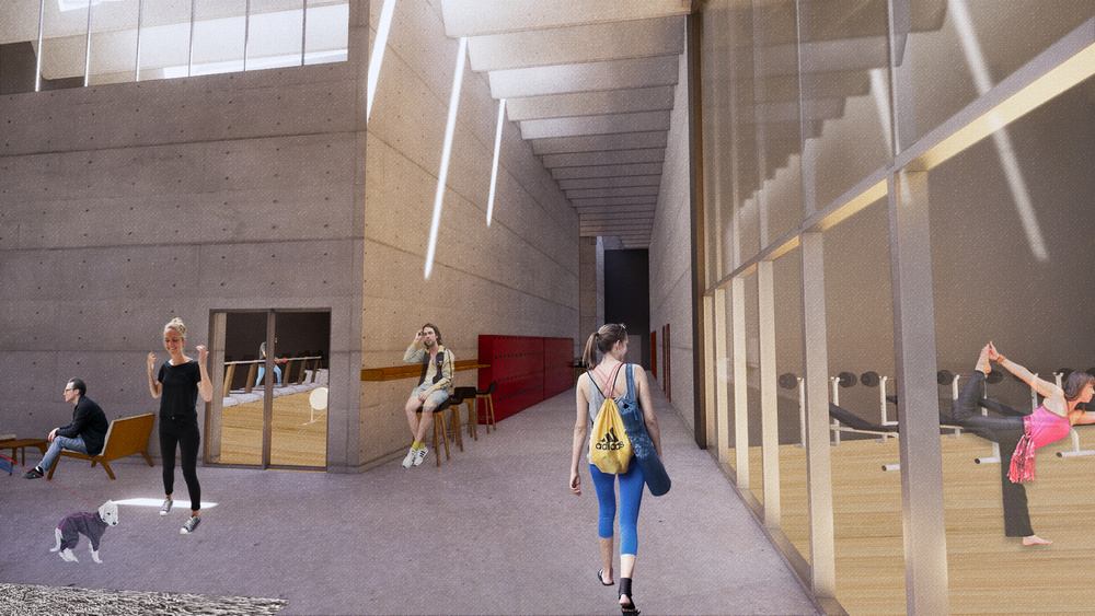 Kintsugi — render of the gym hallway with patterned light