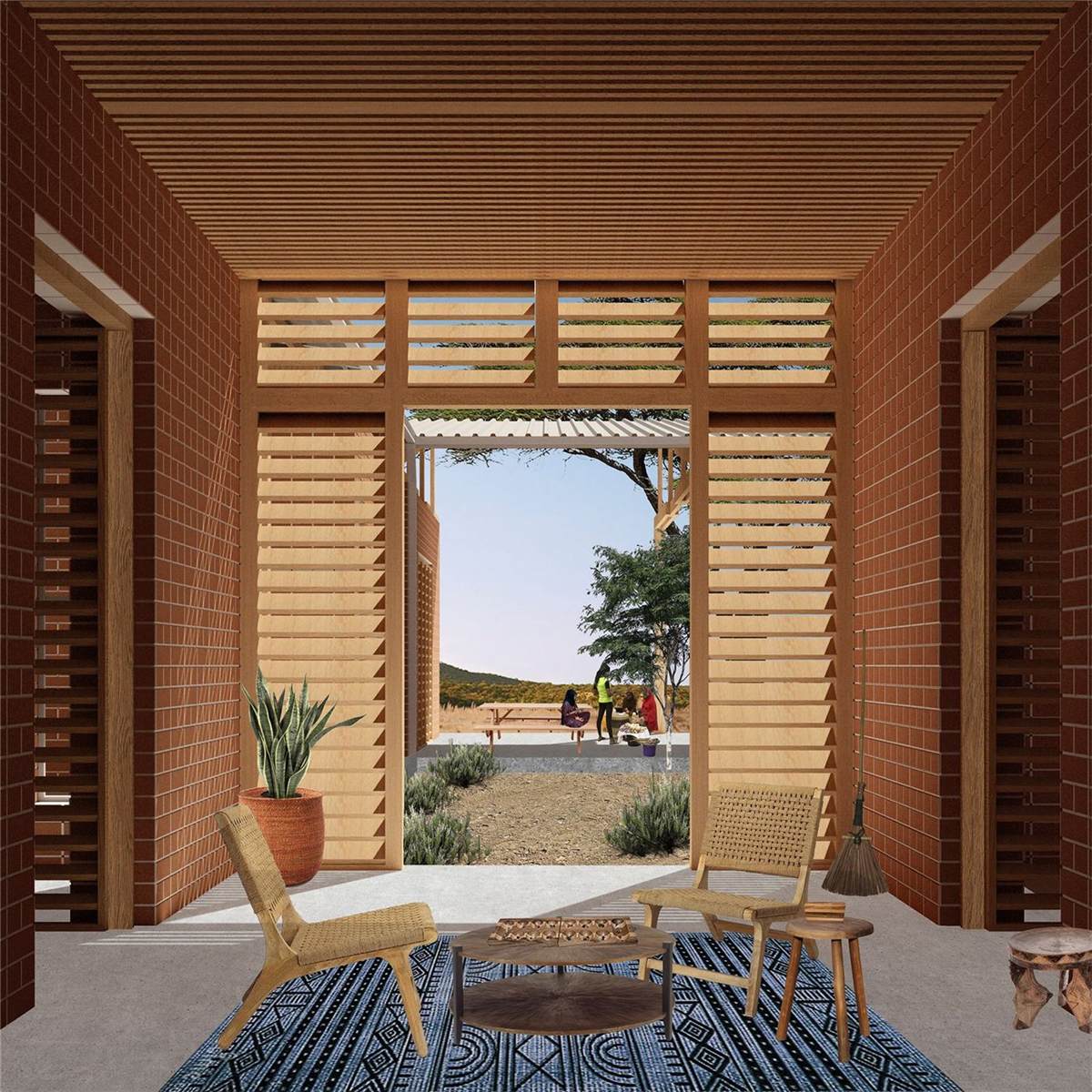 Uwanja House — render of the living room opening onto the yard
