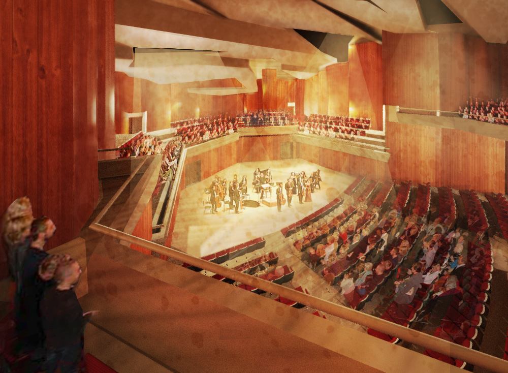 MERIT Music Conservatory — watercolor render of the building in its neighborhood