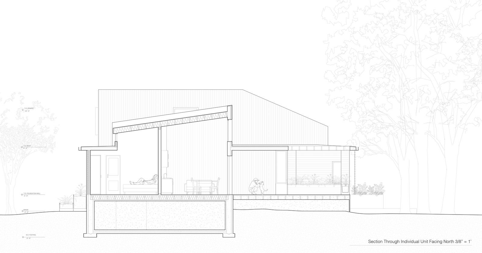 Courtyard House — long section across both dwellings