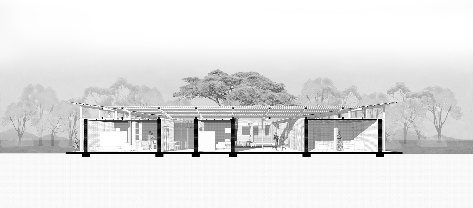 Uwanja House — section perspective through courtyard and dwelling rooms